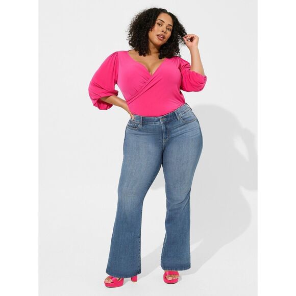 NWT Torrid Size 0 Pink Peacock Studio Knit Surplice Front Long Sleeve Bodysuit - Picture 3 of 7